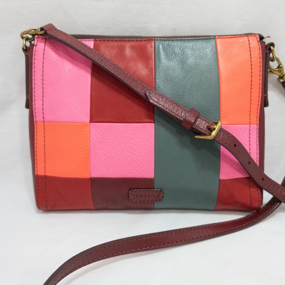 Fossil Leather Red Color Block Slim Crossbody Purse